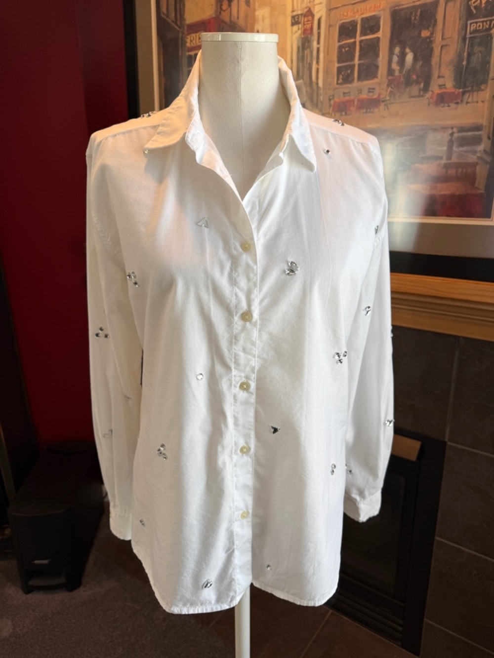 White Loft Button-Up Blouse with Scattered Crystal Accents